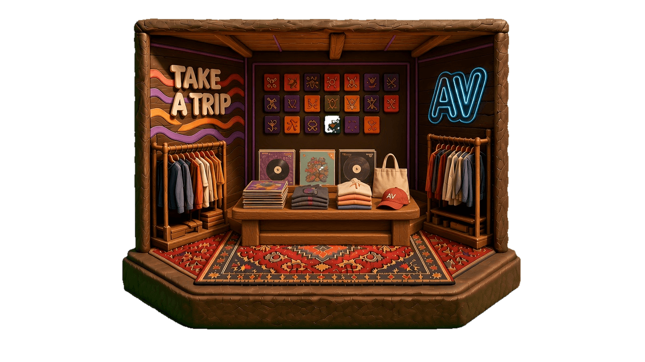 A clay diorama of AV in Mill Valley: sunlit shop, vinyl on the featured-drop table.