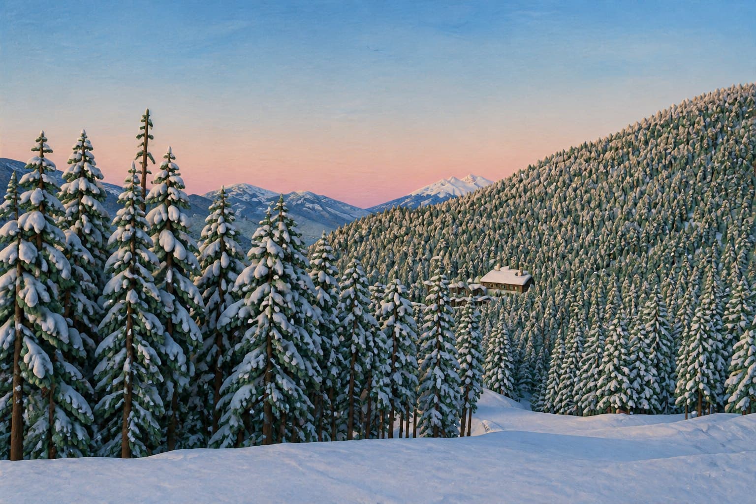 A clay still of a snow-loaded pine stand, a lodge on the hillside, and dusk peaks.